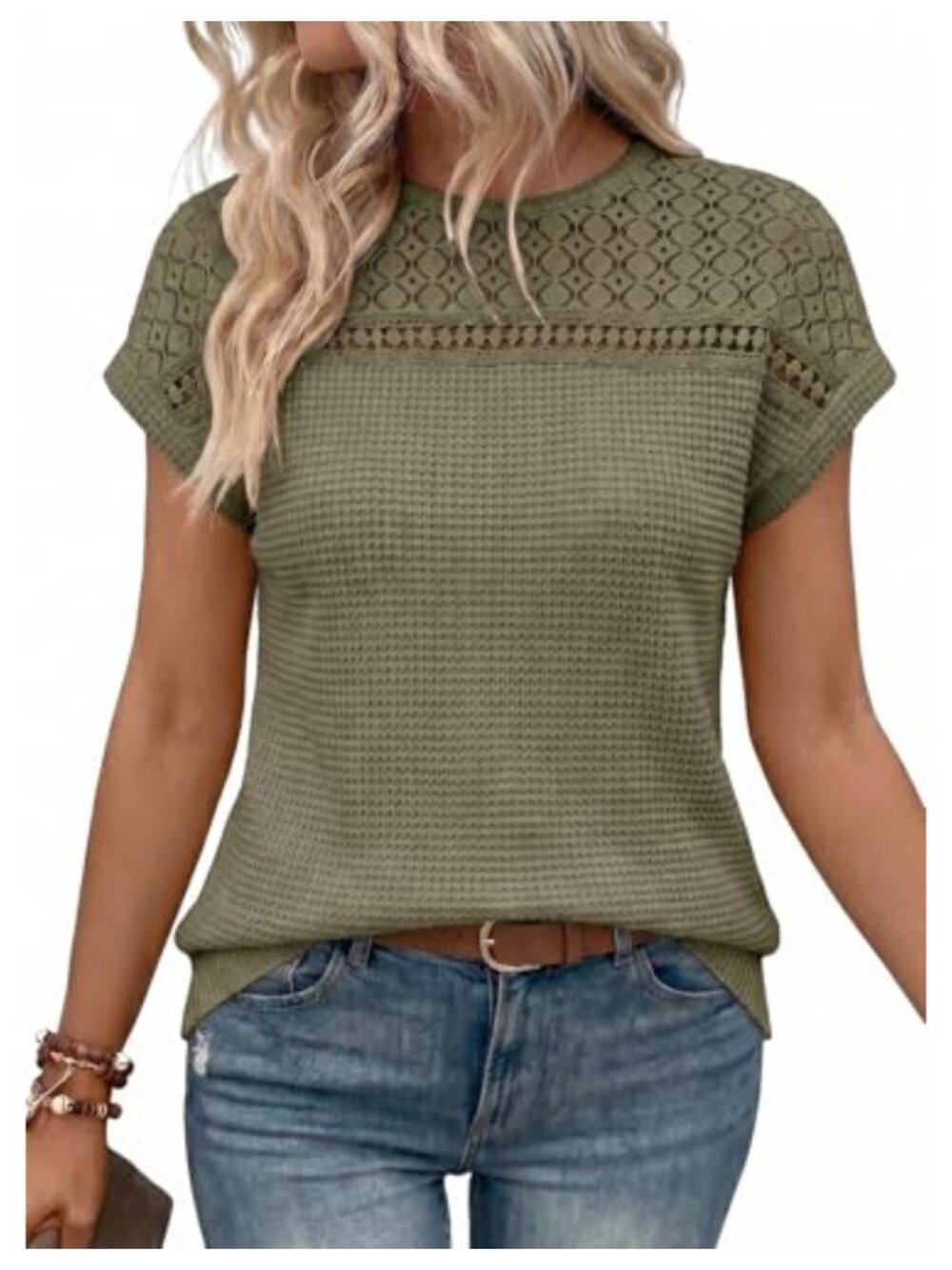 Waffle Knit Hollow Out Short Sleeve Crewneck Tunic Top Loose Fit Pullover